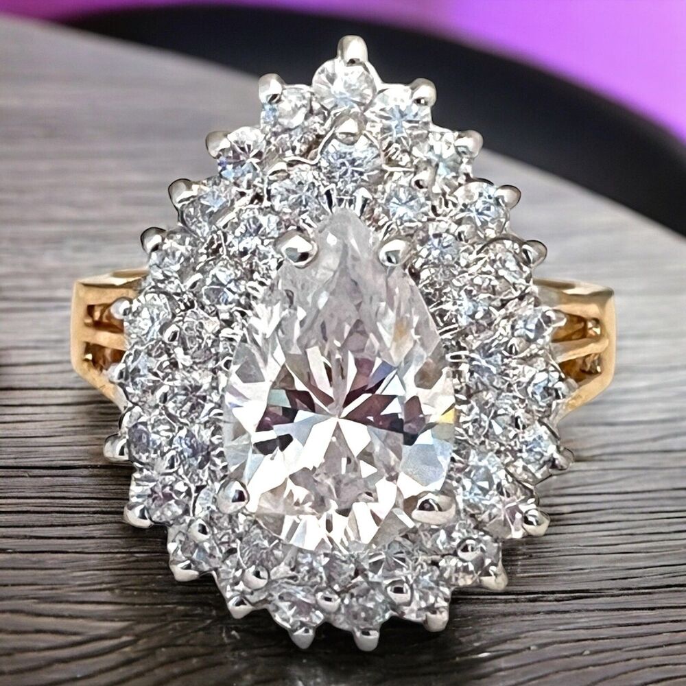 Vintage 1980s CZ Cocktail Ring Size 6 Pear Double Halo Gold Plate - 14G